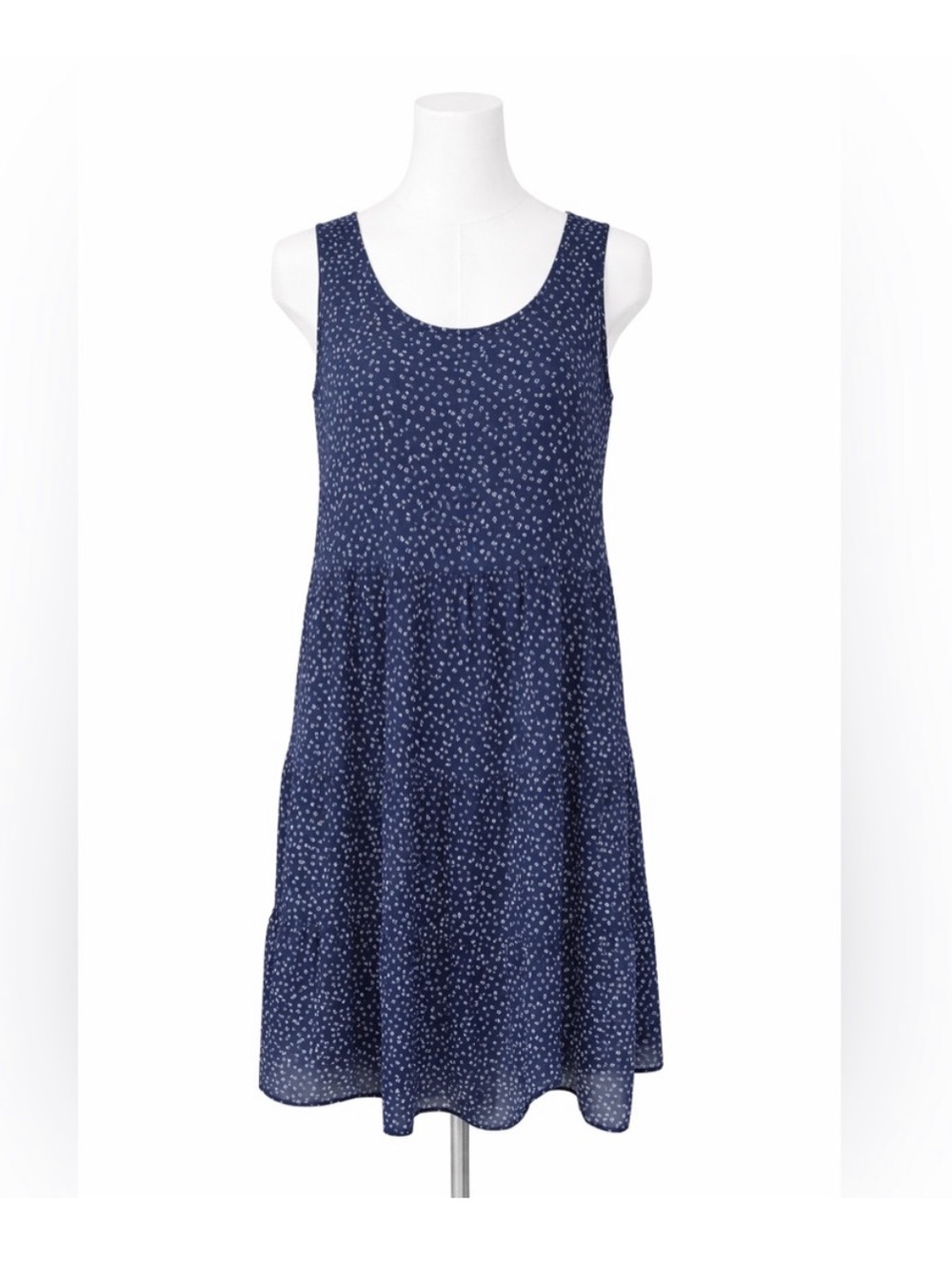 Navy Blue Tiered Sleeveless Dress with White Micro Print - Picture 5 of 5